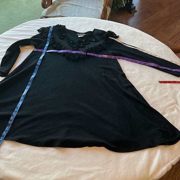 CL Carol Little Dress Sz 6 Black Wool Scoop Neck Long Sleeve Gem Stone Fringe - Picture 14 of 14